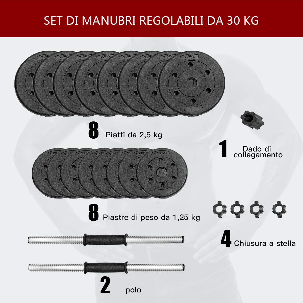 COSTWAY Kit Manubri per Allenamento Regolabili 30 kg, Pesi con Bilanciere, 4 Chiusure a Stella e 16 Dischi, a Casa e in Palestra