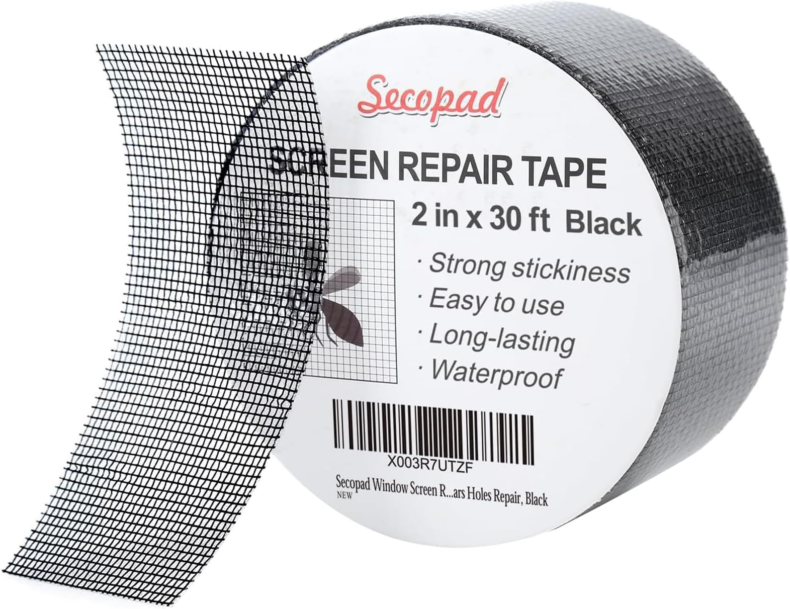 Secopad Black Window Screen Repair Tape, 2 in X 30 FT (360IN) Screen Repair Kit for Windows or Doors, Strong Adhesive Fiberglass Mesh Patch Tape