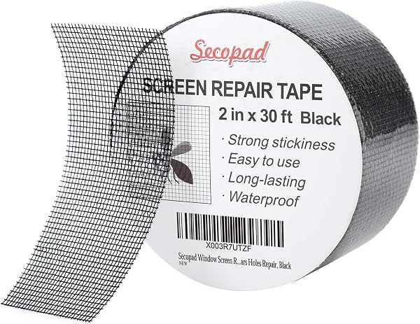 Close-up of Secopad Black Window Screen Repair Tape applied to a mesh screen tear.