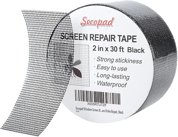 Secopad Black Window Screen Repair Tape, 2 in X 30 FT (360IN) Screen Repair Kit for Windows or Doors, Strong Adhesive Fiberglass Mesh Patch Tape