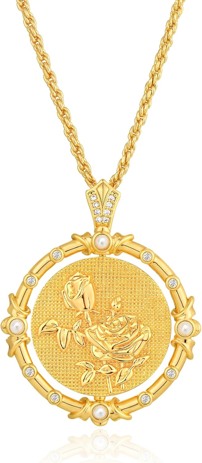 Fettero Gold Necklace for Women Birth Flower Necklace with Birthstone 14K Gold Plated Dainty Rotating Coin Pendant Necklace Personalized Birth Month Jewelry for Birthday Mother's Day Gift 12 Month