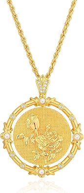 Fettero Gold Necklace for Women Birth Flower Necklace with Birthstone 14K Gold Plated Dainty Rotating Coin Pendant Necklace Personalized Birth Month Jewelry for Birthday Mothers Day Gift 12 Month