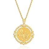 Fettero Gold Necklace for Women Birth Flower Necklace with Birthstone 14K Gold Plated Dainty Rotating Coin Pendant Necklace Personalized Birth Month Jewelry for Birthday Mother's Day Gift 12 Month