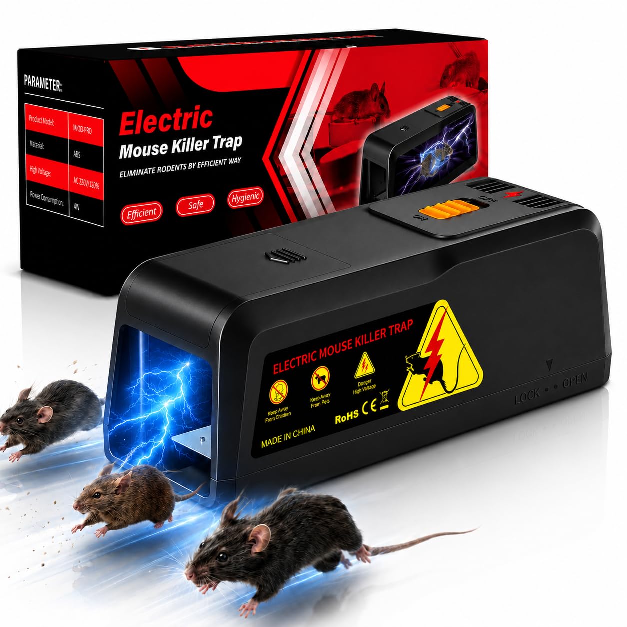 Piege a Rat Electrique, VoltGuard Piège à Souris 2800V Tension puissante, Piège à Rat pour Cuisine Maison Grenier-Efficace sur Grand&Petit Souris (Noir)