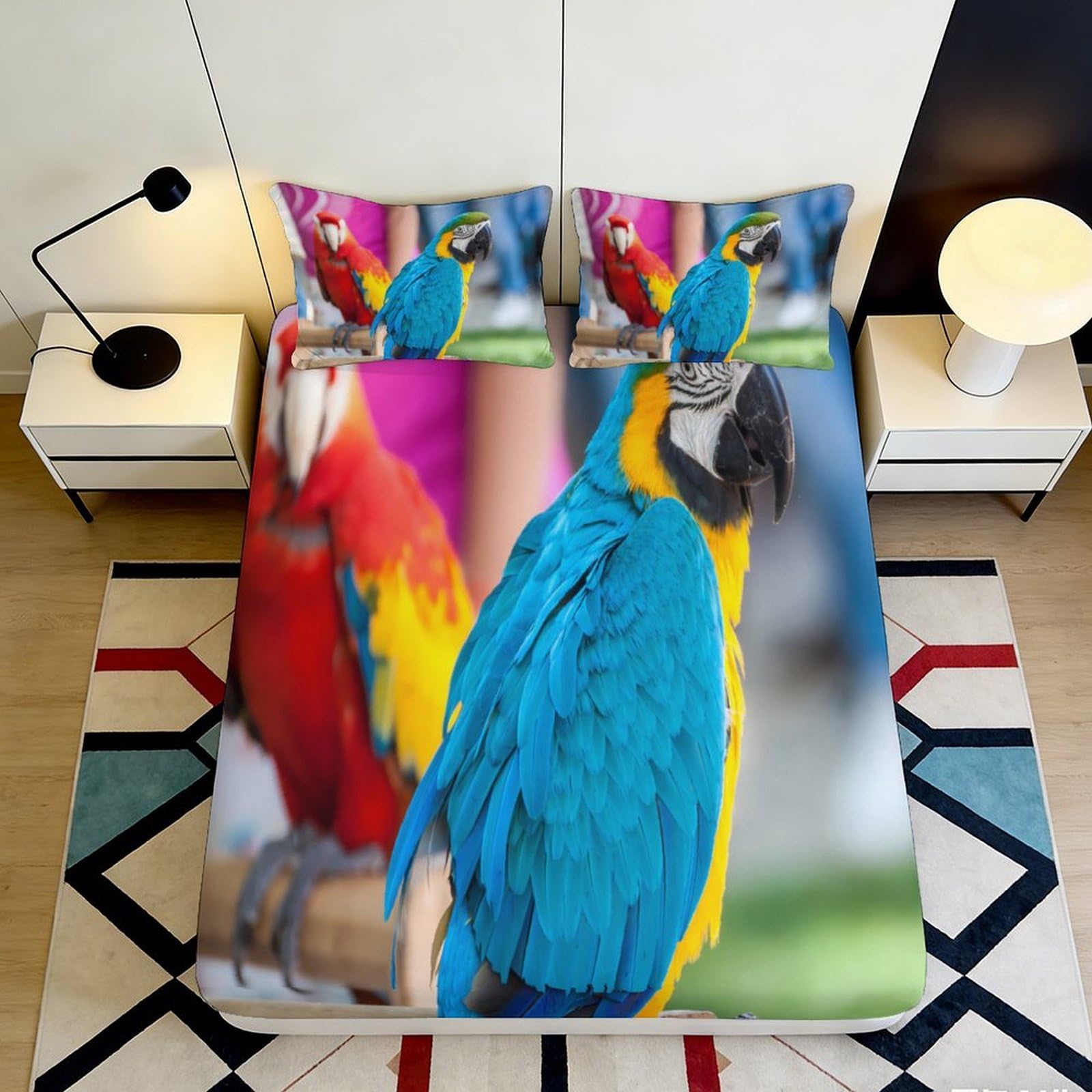 3D Printed Vibrant Parrot Fitted Sheet Microfiber Soft Colorful Macaw Mattress Cover for Bedroom Guest Room Decor 90x200x25cm
