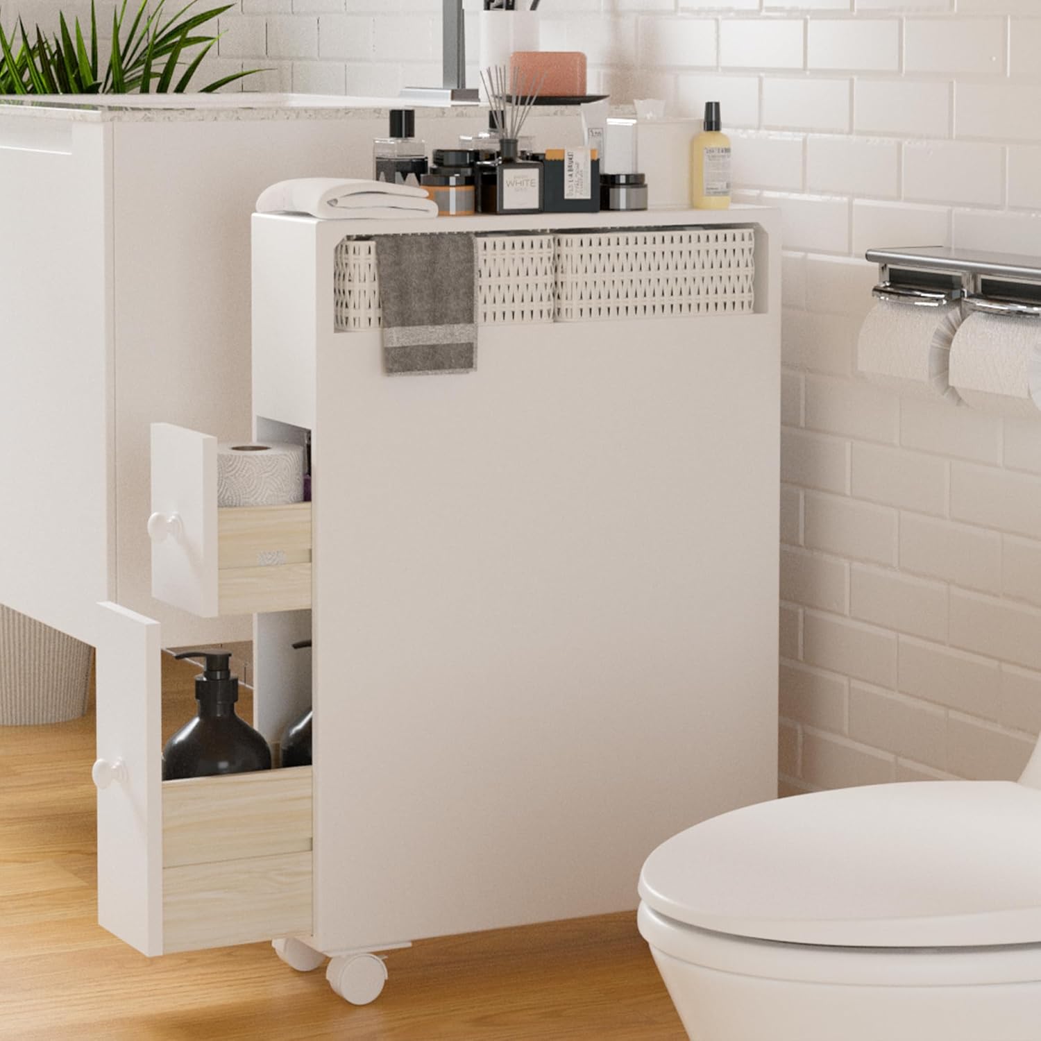 Jerry & Maggie Bathroom Storage Cabinet Movable freestanding Toilet Organizer with Multi Tier Shelves Drawers and Toilet Paper Rack Space Saver for Home Bathroom or Living Room Storage