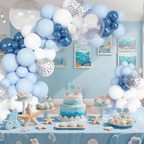 Miniatura 5 de Ouddy Party Juego de 149 guirnaldas de arco de globos azules y blancos de diferentes tamaños de 18, 12, 10 y 5 pulgadas, 6 globos plateados de Azul
