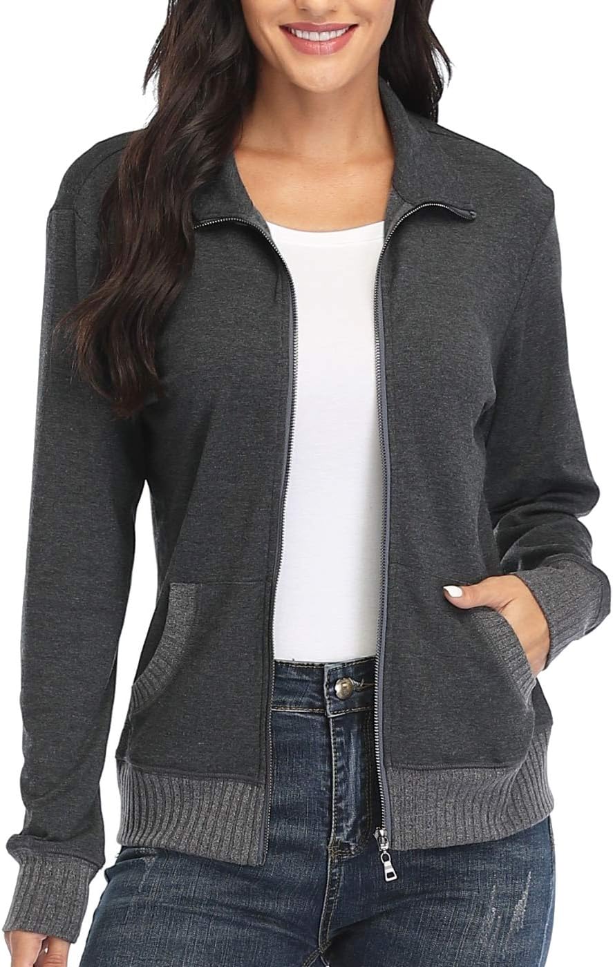 WUDODO Women's Zip up Sweatshirt Jacket Stand Collar Hoodless Running Sweatshirt with Pockets