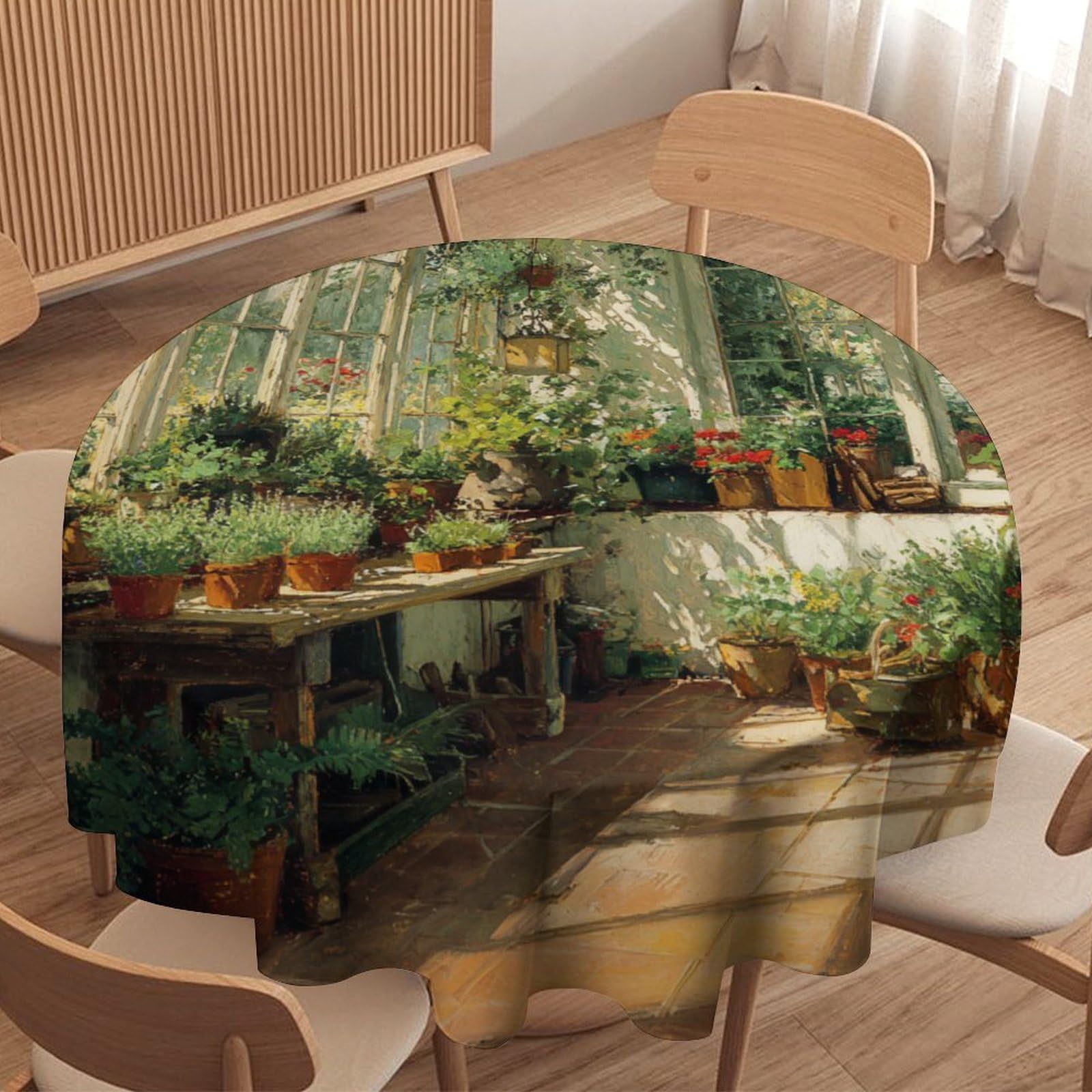 LUYYSKY Modern Retro Green Leaves Waterproof Round Tablecloth Colorful Oil Painting Botanical Flowers Greenhouse Print Washable Table Cover for Kitchen-91.4" Wx91.4 L cm