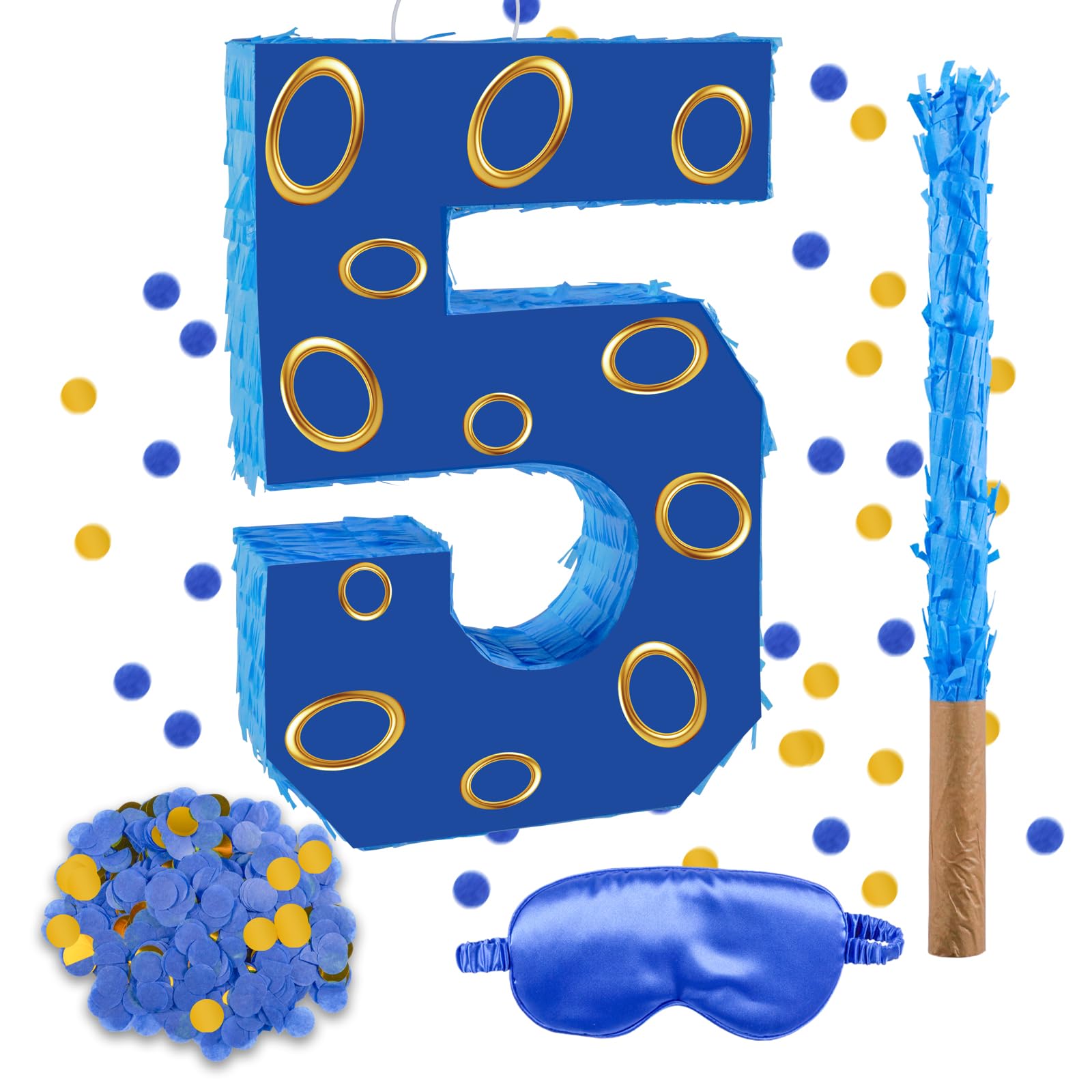Photo 1 of 16 Inch Number 5 Double Sided Printing Blue Gold Ring Pinata with 16 Inch Piñata Stick Blindfold Confetti for Boy Girl Kids 5th Birthday Party Decorations (5th)
