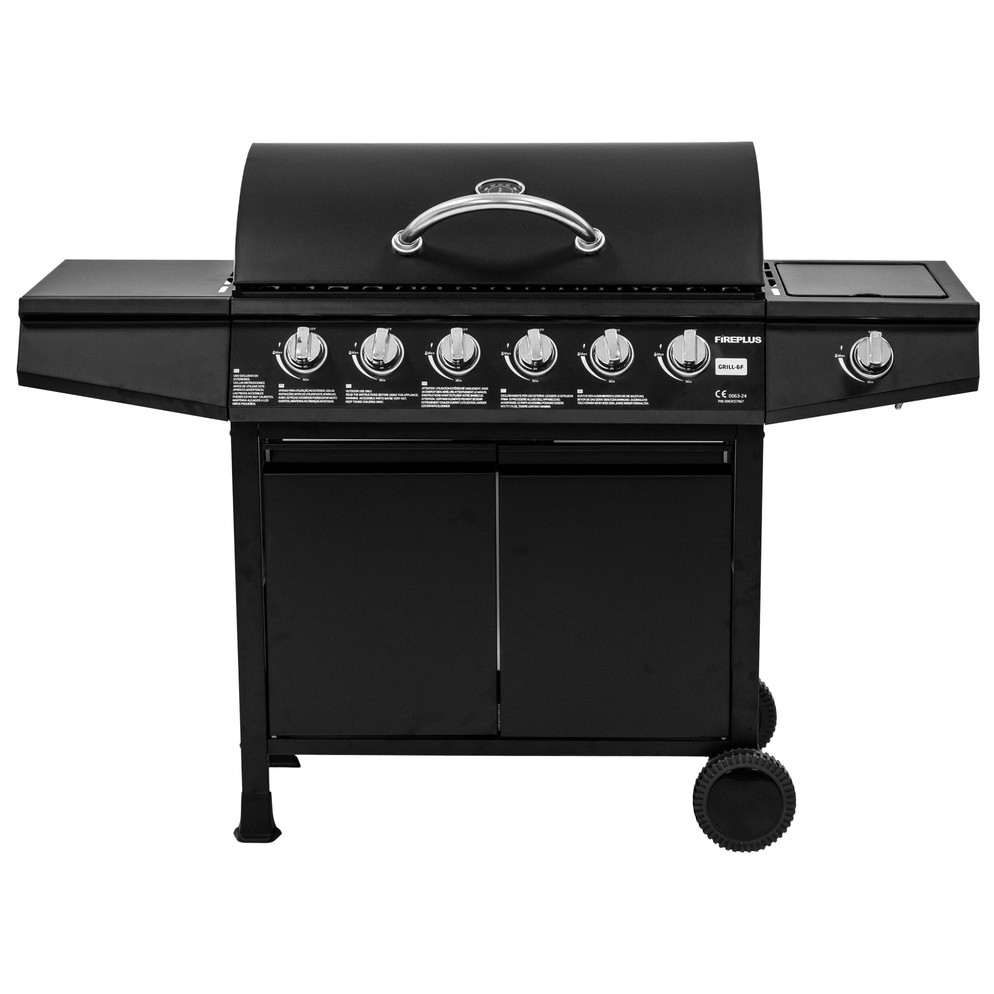 Amig - Barbacoa de gas Fireplus 6+1 de 12,9 kW - Acero inoxidable Negro - Parrilla con ruedas Modelo GRILL-6F - Barbacoa XXL con carro y termómetro - 138x52x103 cm - 7 quemadores y Bandeja lateral