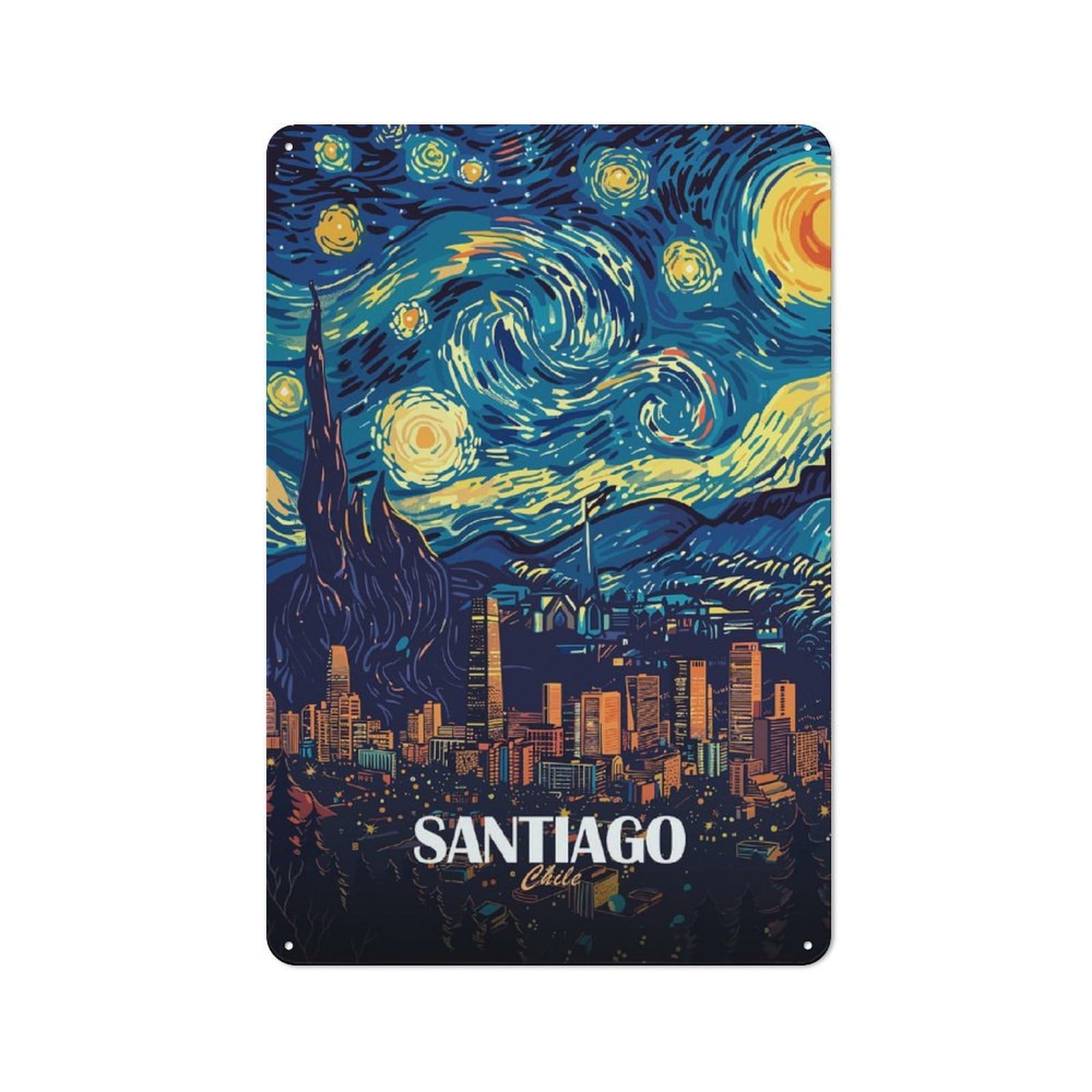 Junmoney Style-17 For Lounge Or Reading Corner, Santiago Chile Starry Night Art Vintage Metal Sign 30X20cm, For Collectors Decorating Lounges And Reading Corners