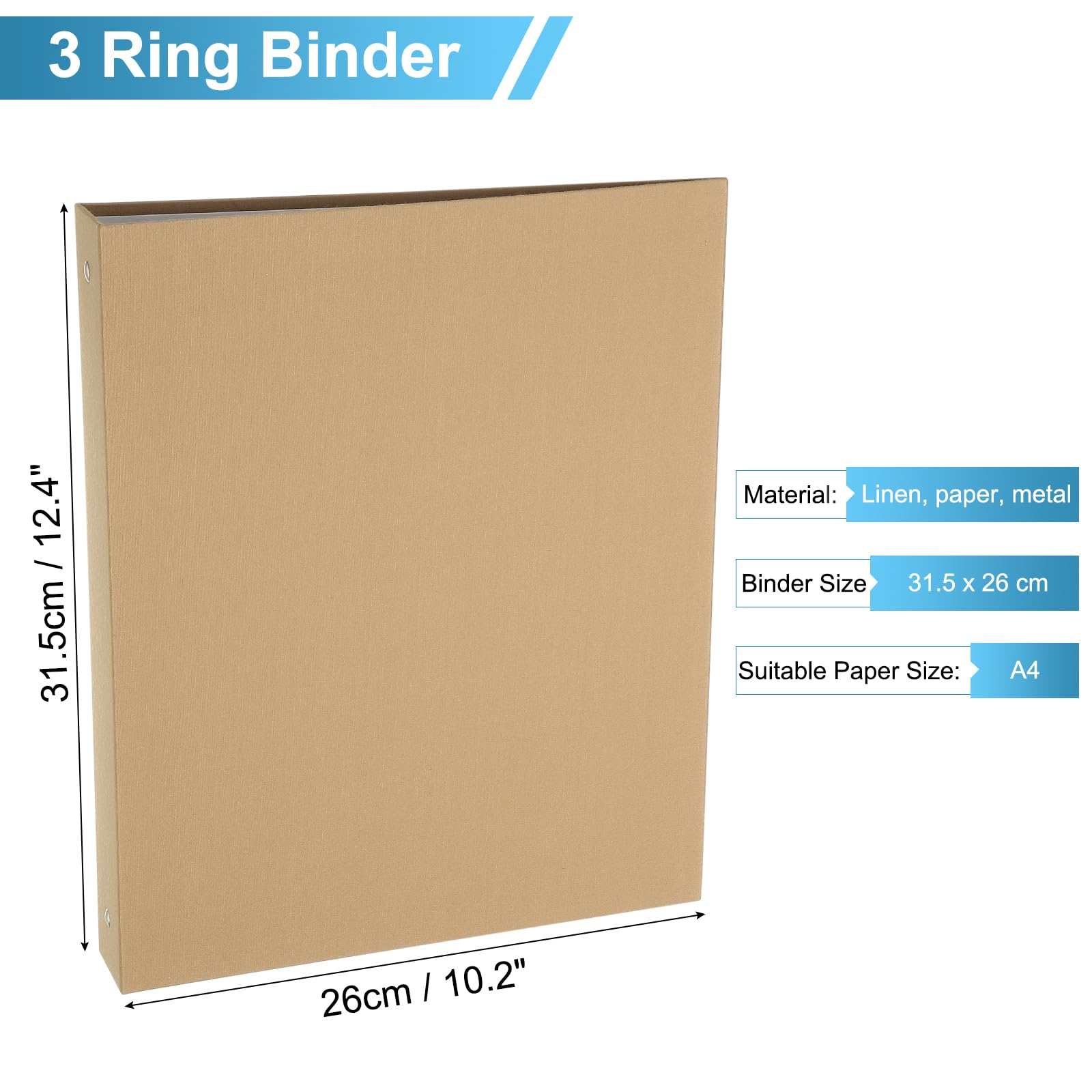 PATIKIL A4 Size 3 Ring Binder,1Pcs 1 Inch Round Ring Durable Linen Hardcover Binder Fit for 8.5" x 11" Paper Recipe Photo Office - Image 2
