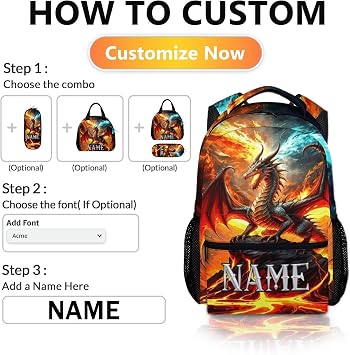 Custom Name School Bag for Boys – Lightweight 17 Personalised Backpack with Dragon Print, Ideal for Kids Travel & Outdoor Use