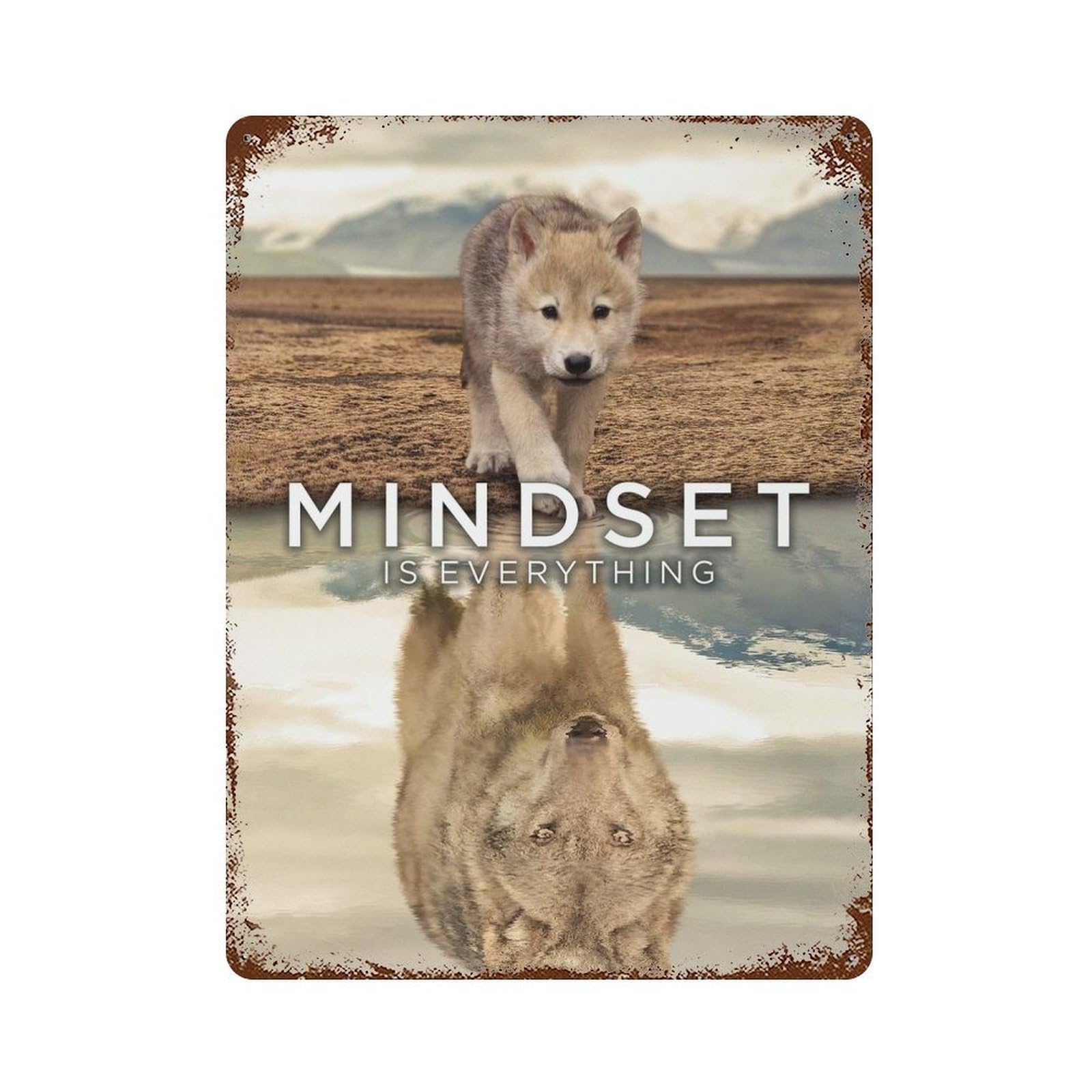 Garage Style Mindset Is Everything Wolf Distressed Metal Wall Sign 15.7"x11.8", Shabby Chic Decor for Bar And Workshop