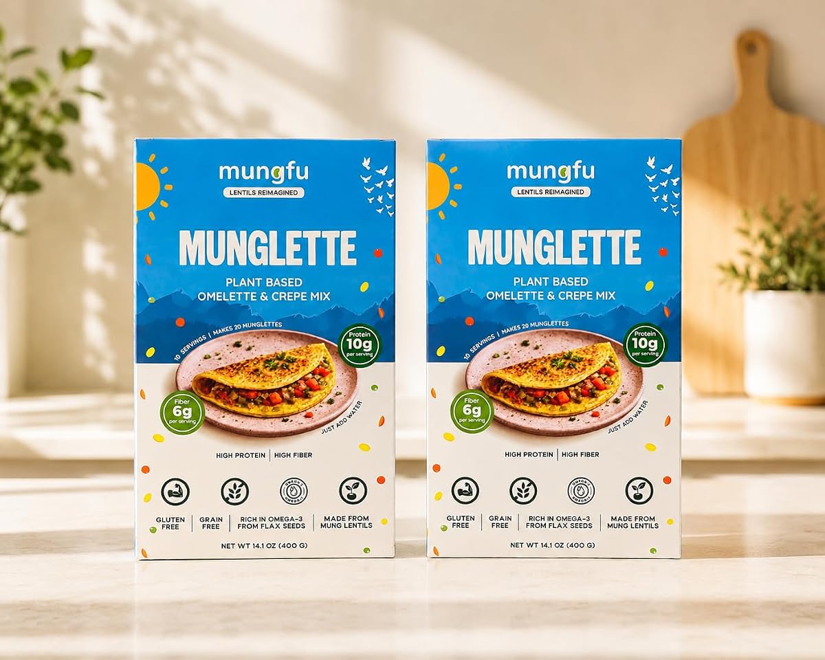 Munglette - Mezcla de tortilla y crepé a base de plantas de lentejas - Paquete de 2 | Simplemente agregue agua y prepare tortilla de lentejas, crepes o wraps con alto contenido de proteínas y fibra.