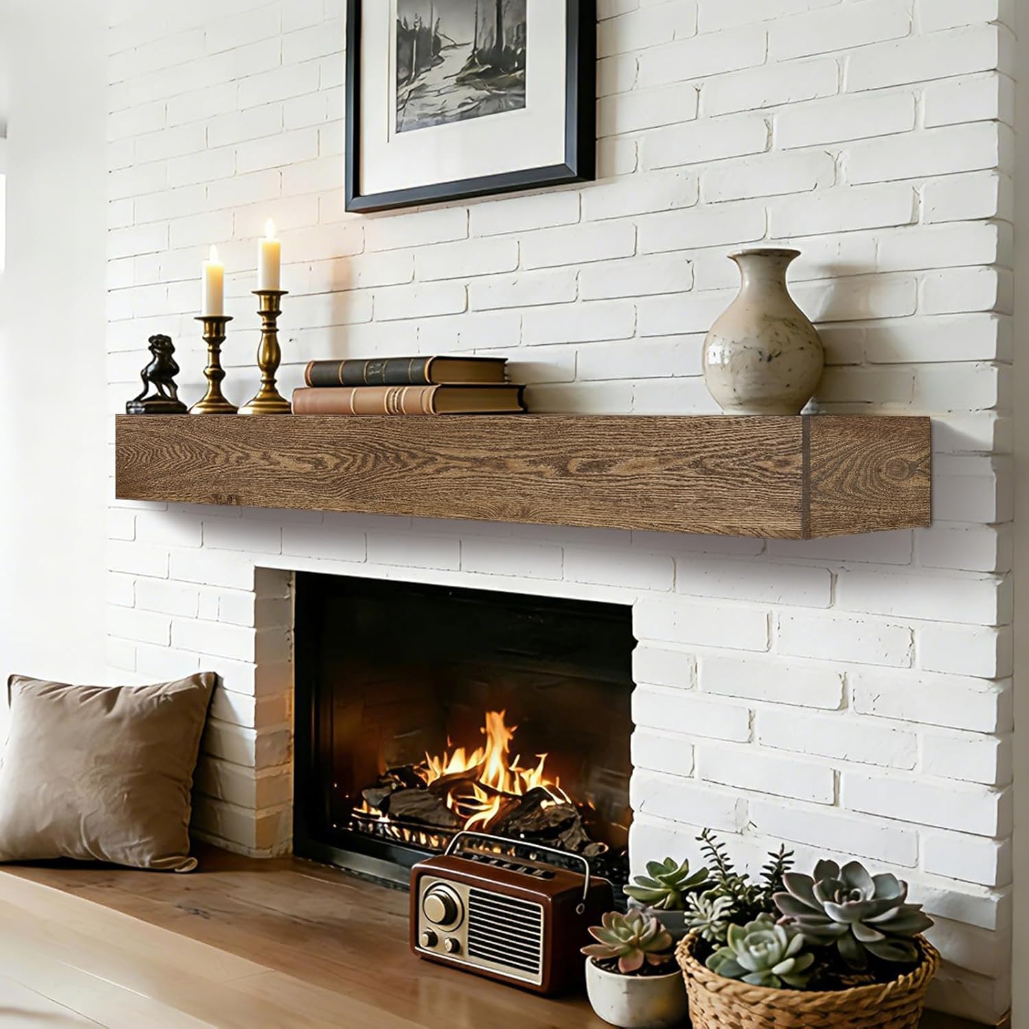 Fireplace Mantel 60 inch - Rustic Solid Wood Mantel, Wall-Mounted Mantel Shelves, Decorative Mantels, Rustic Floating Mantels Shelves, Black Walnut Color