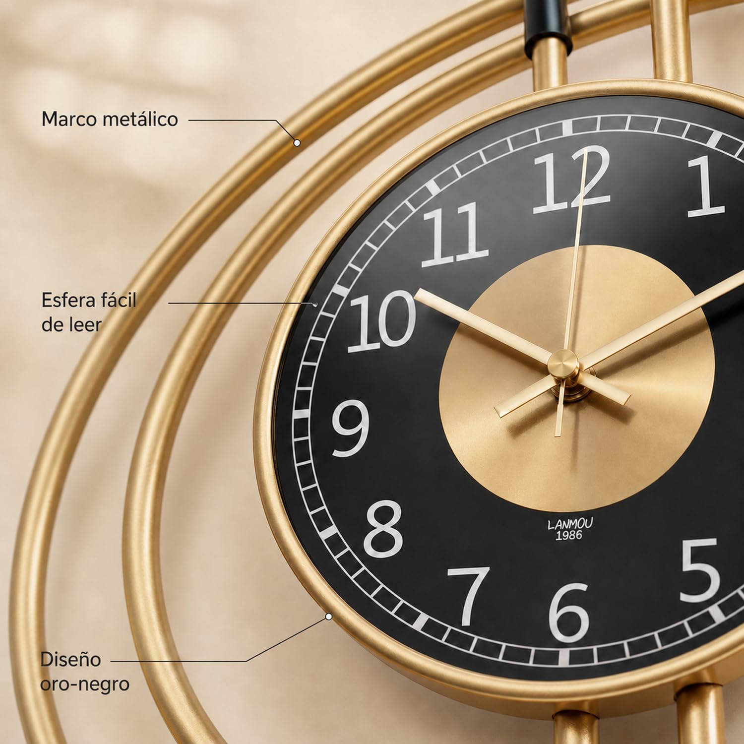 LANMOU Reloj de Pared Grande para Salón, Silencioso Metal Dorado 54 cm | Decoración Hogar con Esfera Negra, Lectura Clara y Uso Interior para Comedor, Oficina o Recibidor Moderno