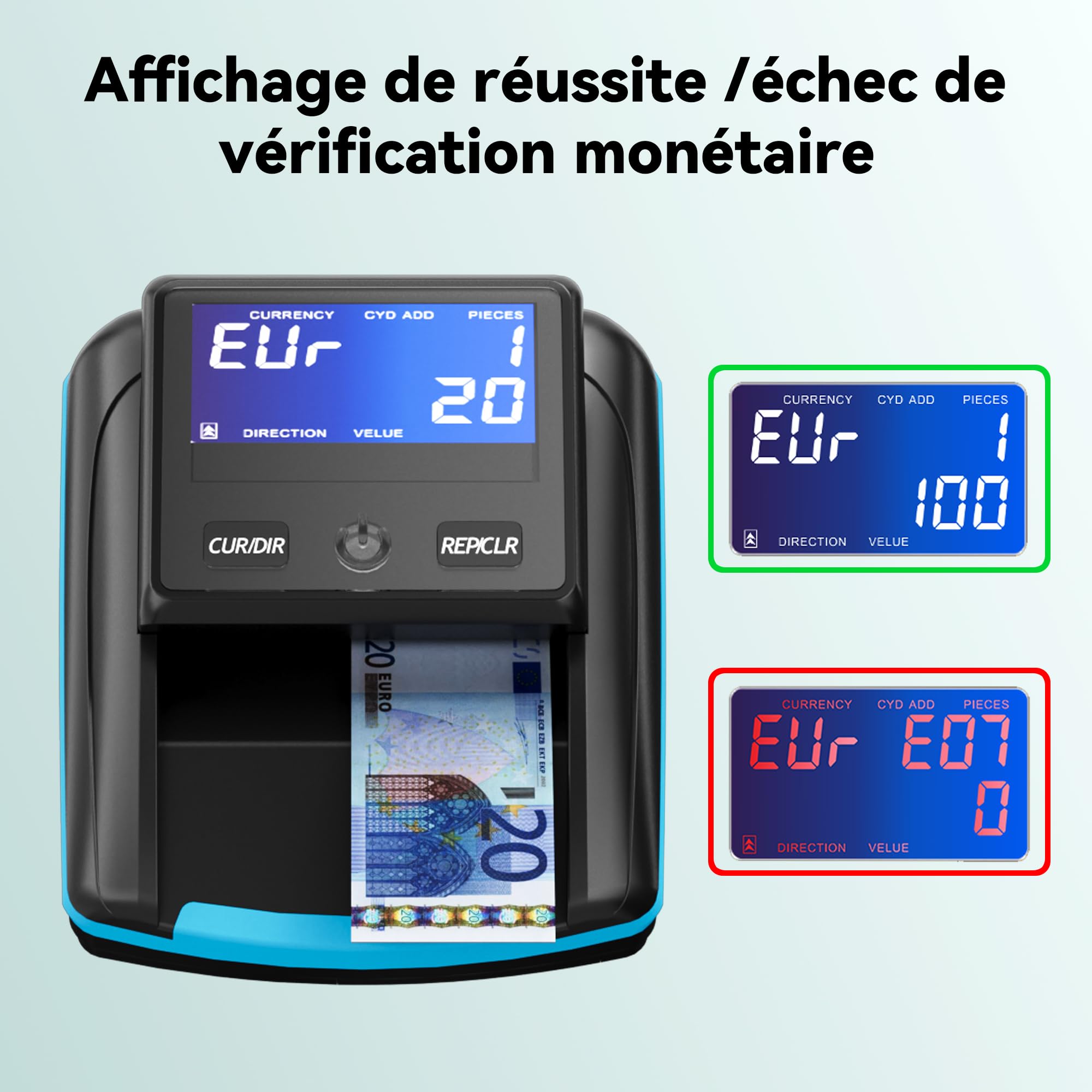 Detector de billetes falsos Euro con batería recargable automático para varias monedas Azul
