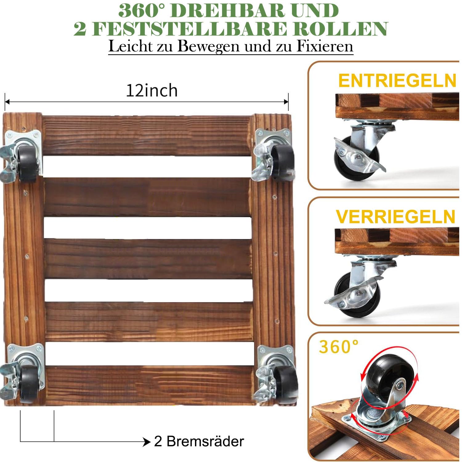2 ruedas cuadradas de 30 cm, ruedas de madera, con ruedas bloqueables a 360°, resistente a la intemperie, color negro