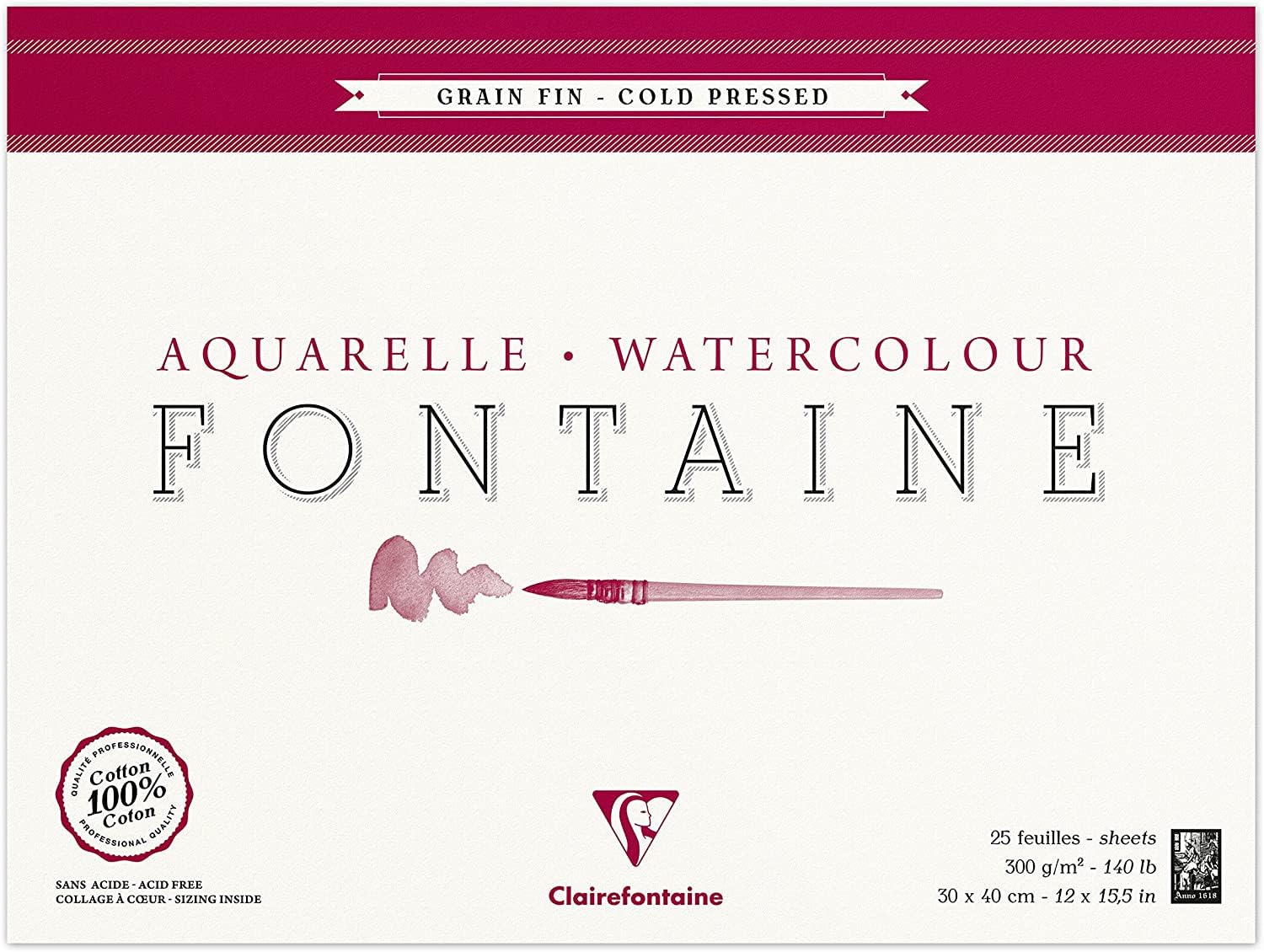 Clairefontaine 96415C Blocco collato 4 lati Fontaine - 25 Fogli Carta Acquerello Bianca 100% Cotone Grana Fine Qualità Professionale 30x40 cm 300g