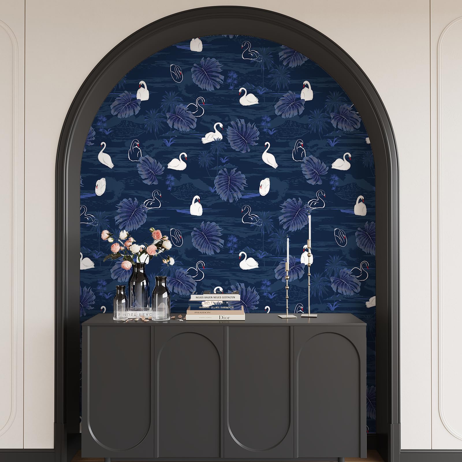 VEELIKE Carta Da Parati Teschio Scuro Vintage – Floreale Oro Blu Gotico, Autoadesiva 44,5 Cm X 300 Cm, Per Camera, Bagno E Mobili