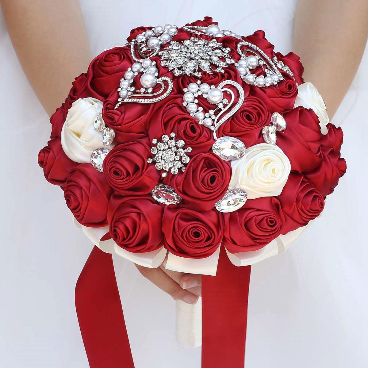 Wedding Bride Bouquet - 7 Inch Red Pink Satin Rose Bridesmaid Brooch Bouquet for Quinceanera, French Style Indoor/Outdoor Church Garden Wedding Bridal Shower Toss (Burgundy)
