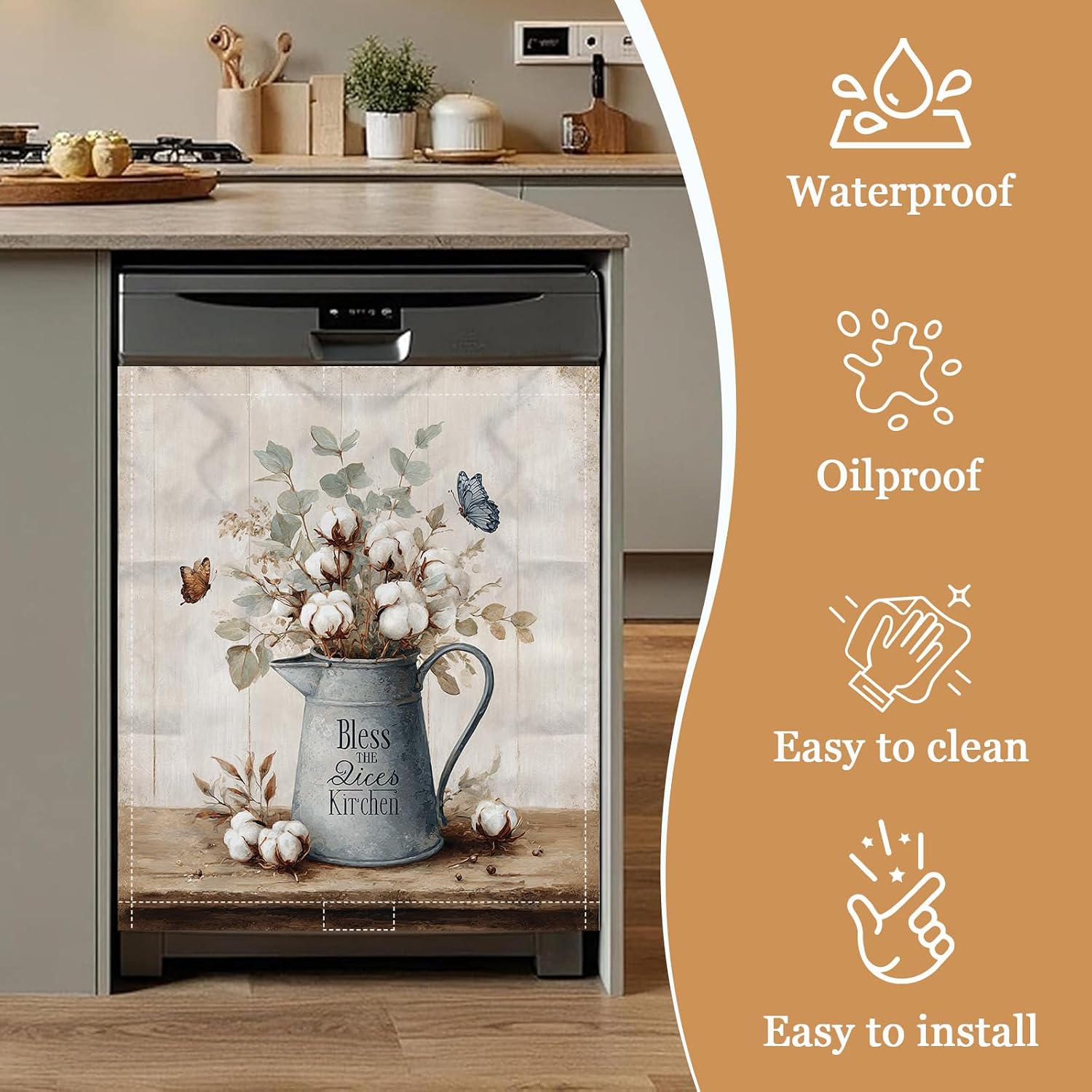 Cotton Flower Butterfly Dishwasher Magnet Cover Front Dishwasher Sticker Reusable Waterproof Removable Refrigerator Magnet Cover for Home Kitchen Appliance 23x26 Inch image 2