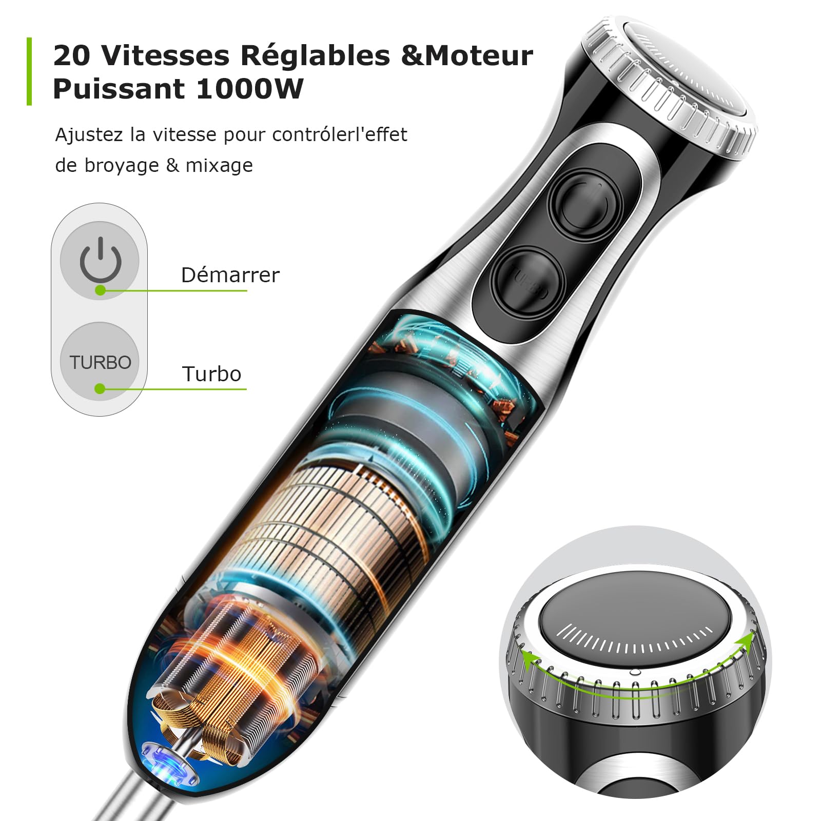 Bonsenkitchen Mixeur Plongeant, 4-en-1 Mixeur Plongeur Multifonction 1000W, 20 Vitesse Réglable, avec Fouet, Hachoir de 500ml et Verre Doseur 700 ml, Robot de Cuisine (HB3203)