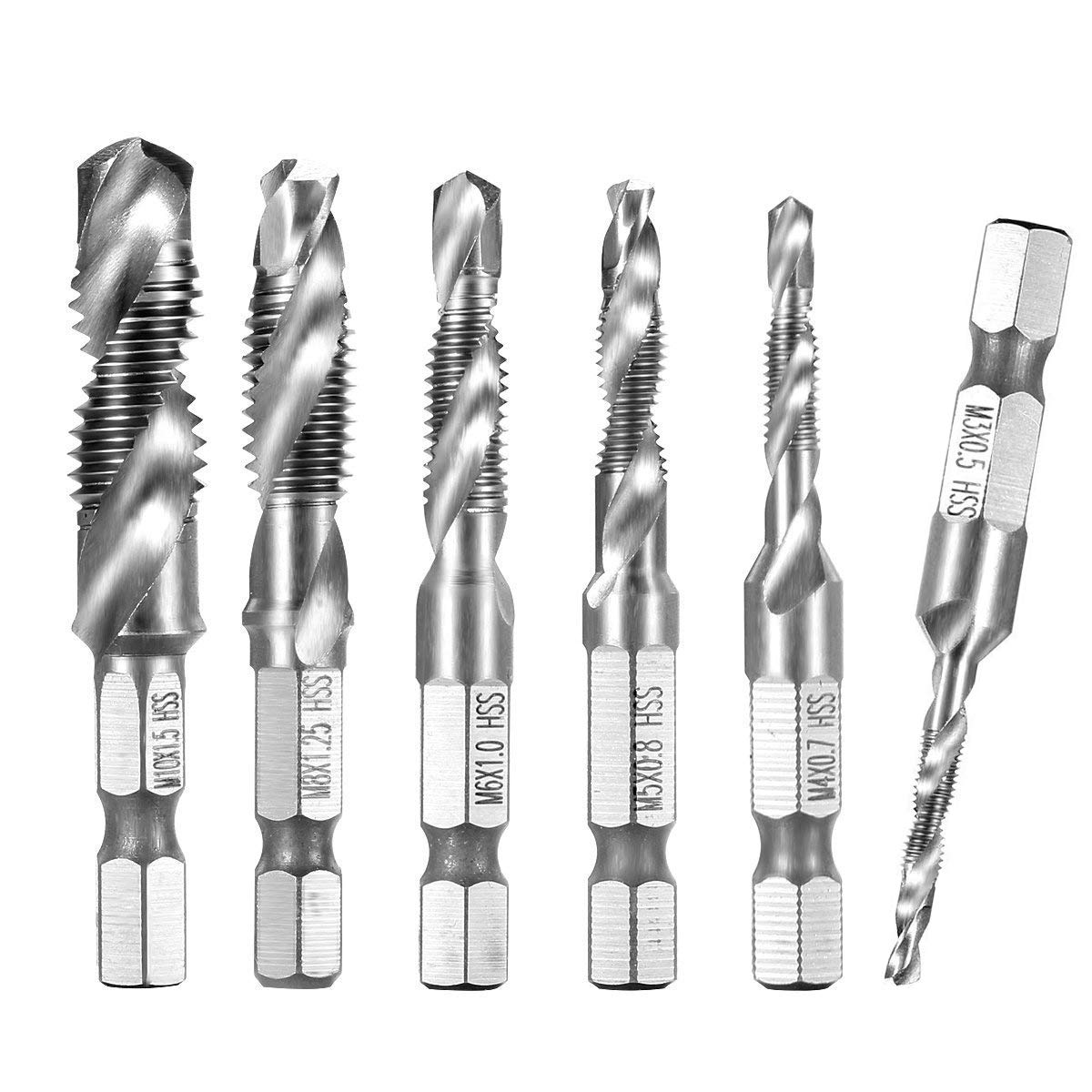 6 Stück M3-M10 Kombi Bohrer Gewindebohrer 1/4" HSS Schraube Sechskantschaft Senker Werkzeuge Maschinengewindebohrer Set