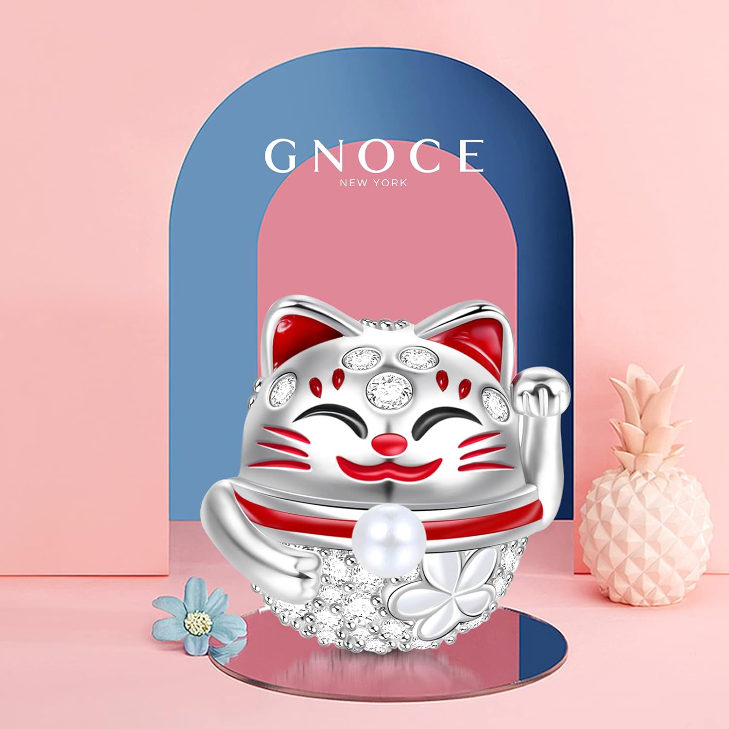GNOCE Lucky Cat Charms for Women Sterling Silver 'Wish You Luck' Cute Cat Bead Charm with Cubic Zirconia Fit Bracelet & Necklace Gifts for Daughter & Friends Pet Lovers