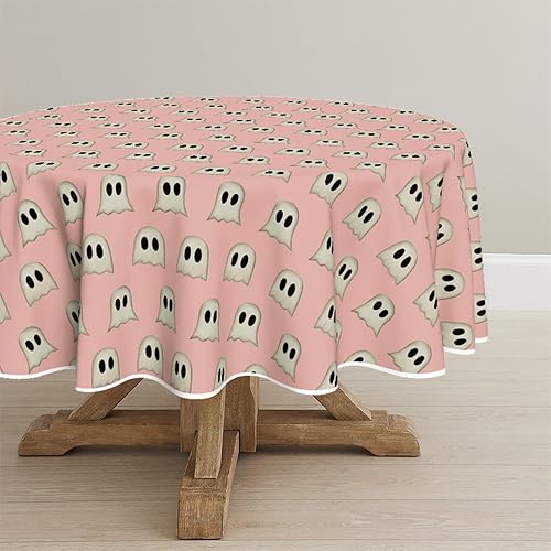 Miniatura 1 de Horaldaily Mantel redondo de Halloween de 70 x 70 pulgadas, lindo fantasma rosa, lavable, para decoración de fiestas, pícnic, cenas