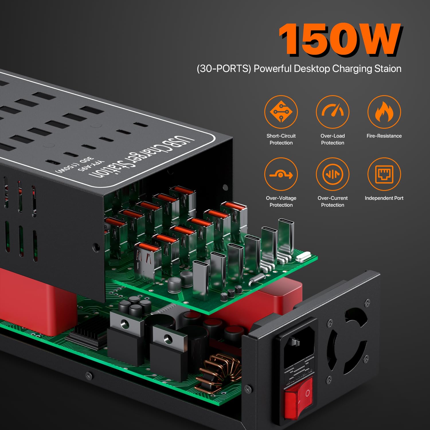 Stazione di ricarica USB 30 Porte 150W, Caricatore intelligente USB-C, Hub di ricarica da tavolo 30 in 1 per iPhone, iPad, Samsung, Tablet e altri elettronici