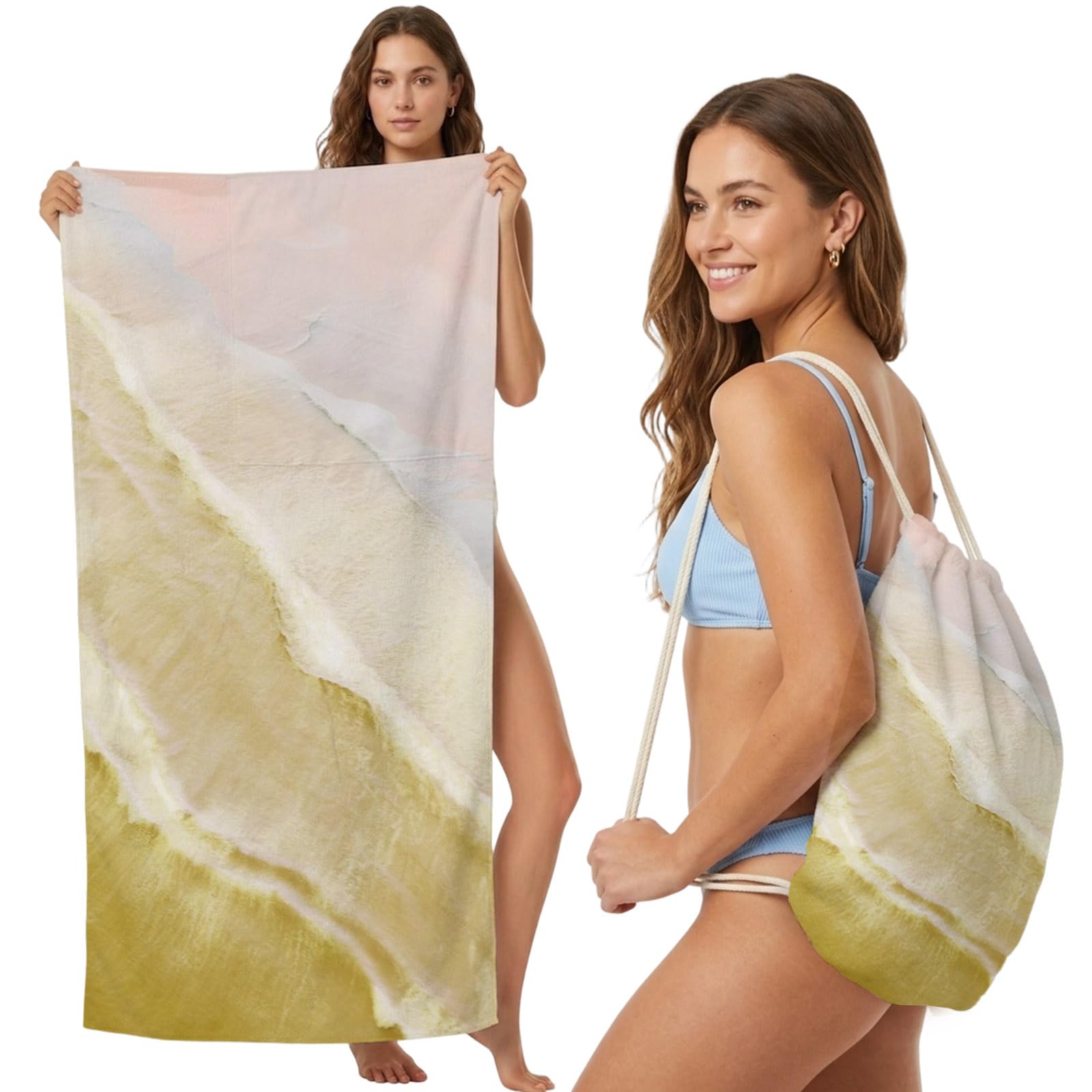 Beach Towel Bag 2 in 1 Yellow Ocean Waves Bath Pool Towels Backpack Ombre Beach Spray Absorbent Beach Towel Soft Quick Dry Lightweight Packable Towels Drawstring Bag for Travel Camping Sports Picnic