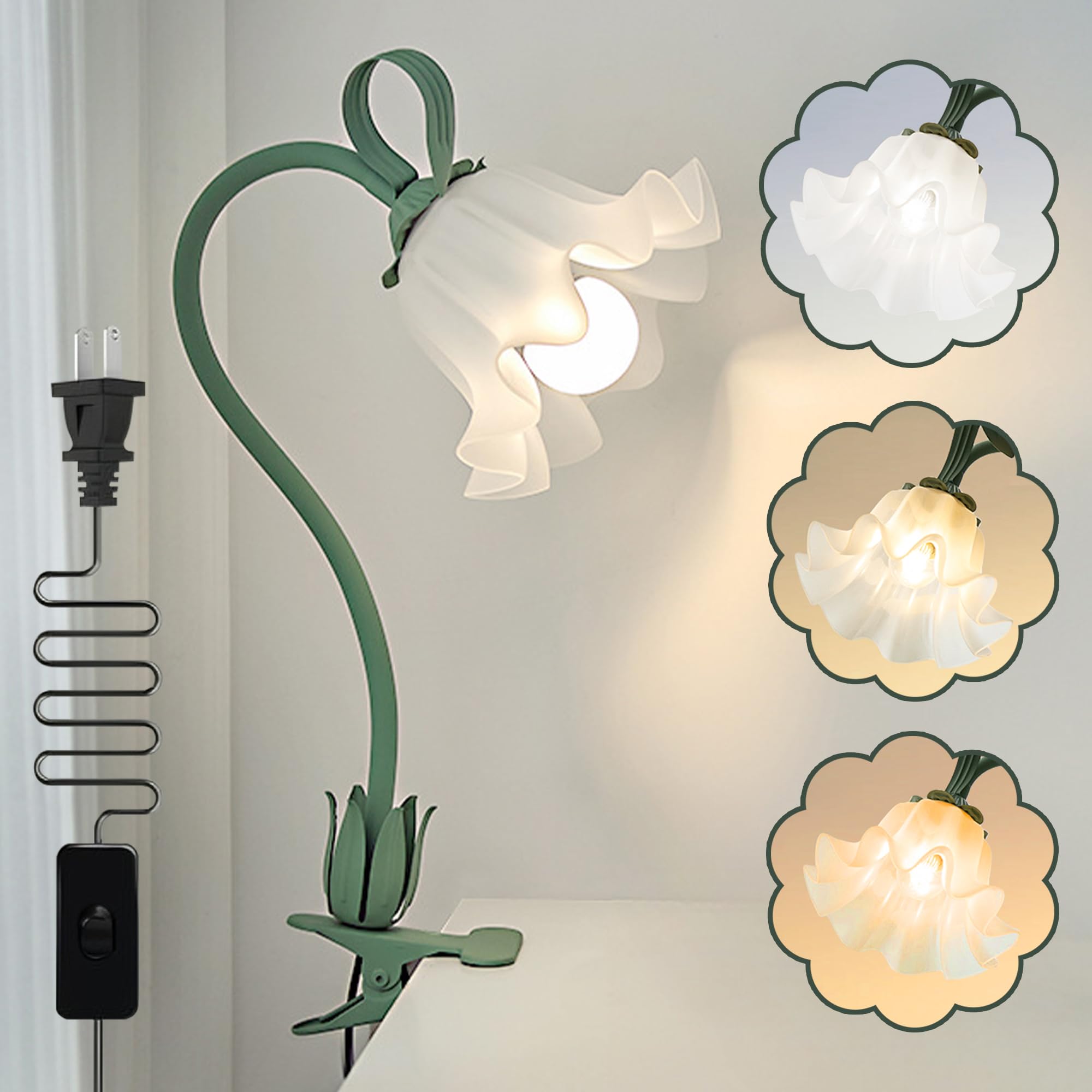Lámpara de escritorio de flores, luz de lectura LED de rotación de 360°, lámpara de noche de flores vintage, 3 modos de colores, luces de libro, decoración para dormitorio, cama, cabecero, oficina,