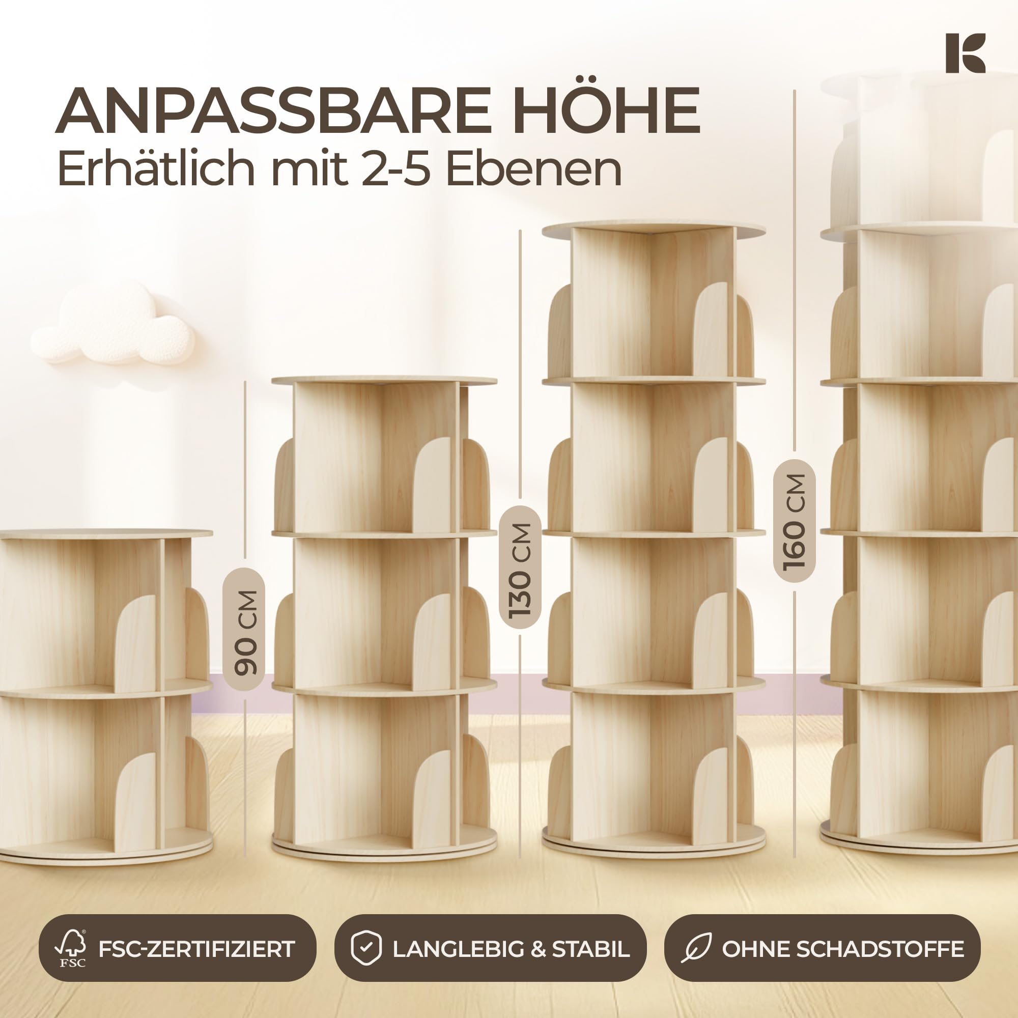 360° Drehbares Bücherregal Kinder - Kiefernholz Bücherregal Drehbar Kinder mit 4 verstellbaren Ebenen 130x46x46 cm - Drehregal, Standregal