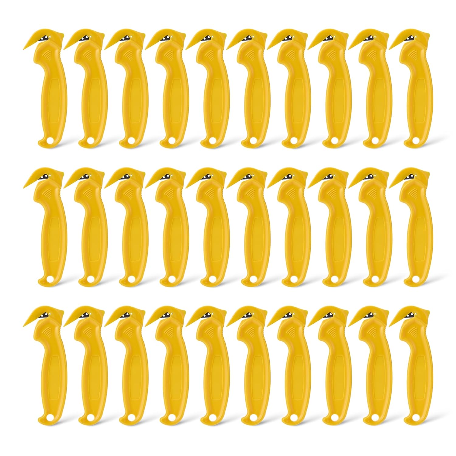 Amazon Basics Film Safety Cutter, Concealed Stainless Steel Blade with Tape Splitter for Boxes, Packages, Shrink Wrap, Yellow, 30-Pack