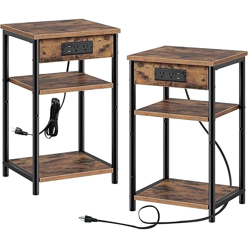 Rolanstar End Table with Charging Station, Night Stand with 3 Storage Shelves, Narrow Side Table with USB Ports & Power Outlets, Small Bedside Table for Living Room, Bedroom, Rustic Brown, Set of 2