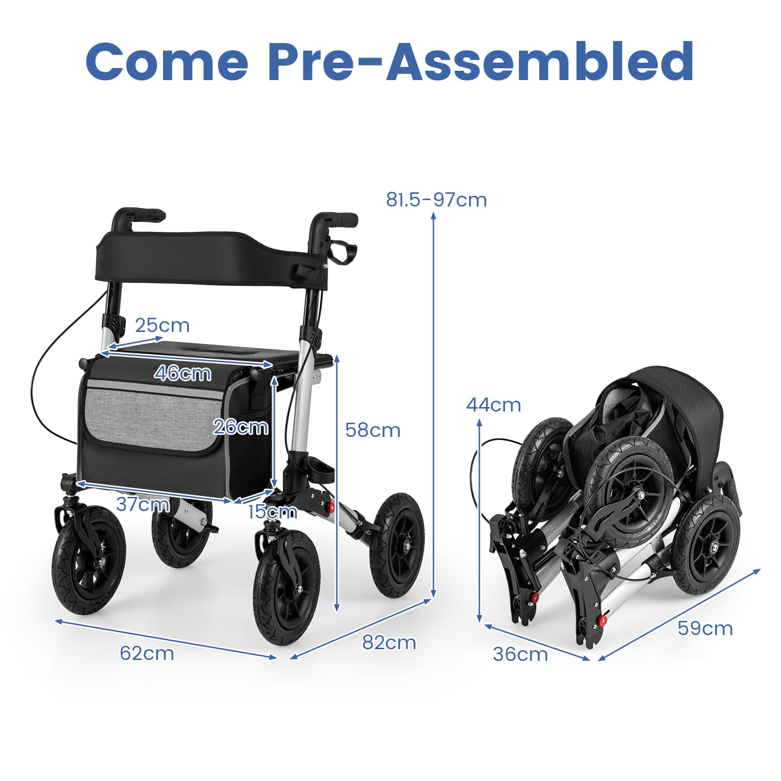 HOMASIS Andador plegable y ligero 2 en 1 para silla de ruedas, con asiento, 7 alturas ajustables, carrito de aluminio para personas mayores, andador de viaje con soporte para bastones, bolsa, hasta