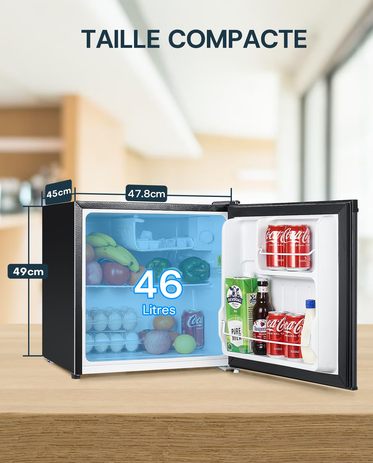 Upstreman Mini Réfrigérateur 46L avec Congélateur, Thermostat Réglable, Porte Réversible, Noir Brillant