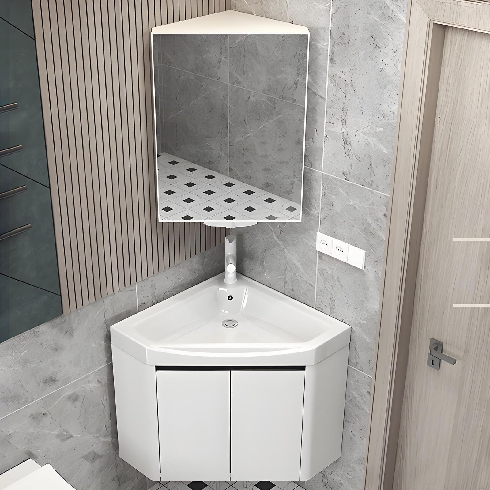 DFGHNBVC Wall-Mounted Floating Porcelain Sink Corner Bathroom Vanity With Mirror Storage Space-Saving Small Bathroom Cabinet Combo