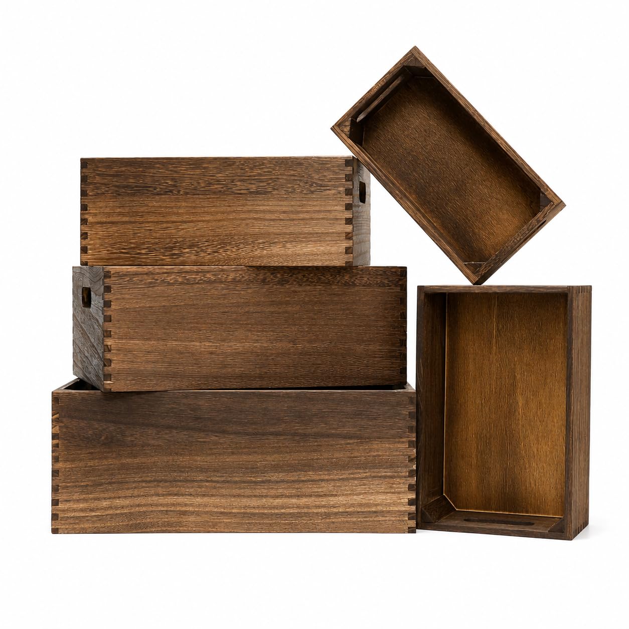 Cajas de madera para exhibición, paquete de 5 cestas de madera rústicas extragrandes con asa, caja de madera de granja para almacenamiento y contenedor, cesta de madera multiusos para