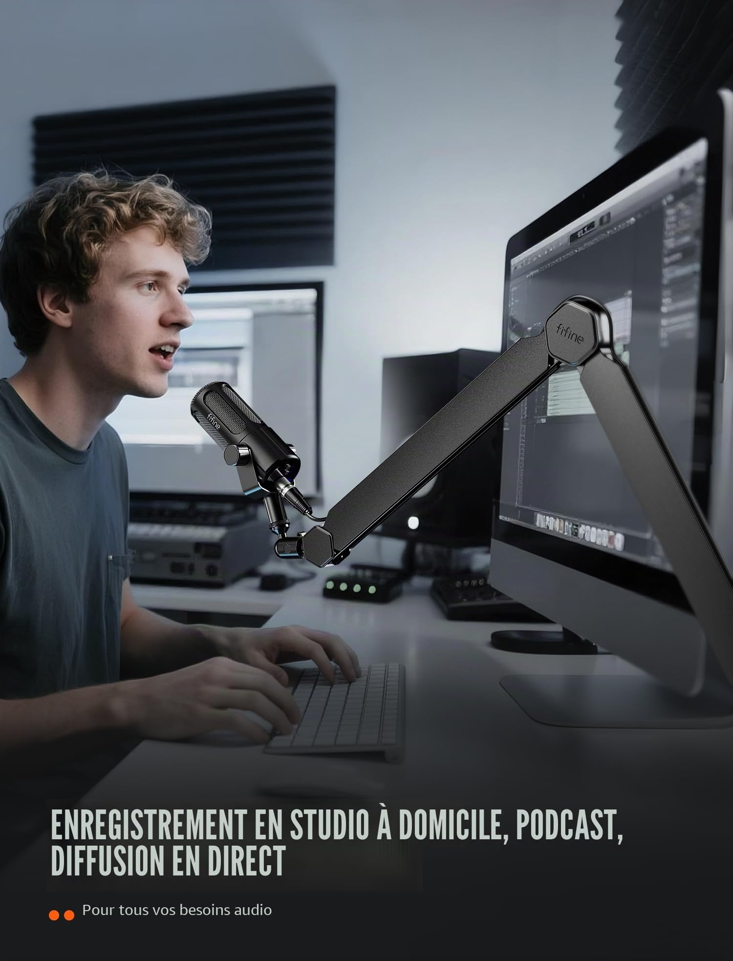 FIFINE BM66 Bras de micro avec canal de gestion des câbles, entièrement réglable, support de micro en métal robuste avec pince de fixation de bureau pour enregistrement de podcast, bureau à domicile
