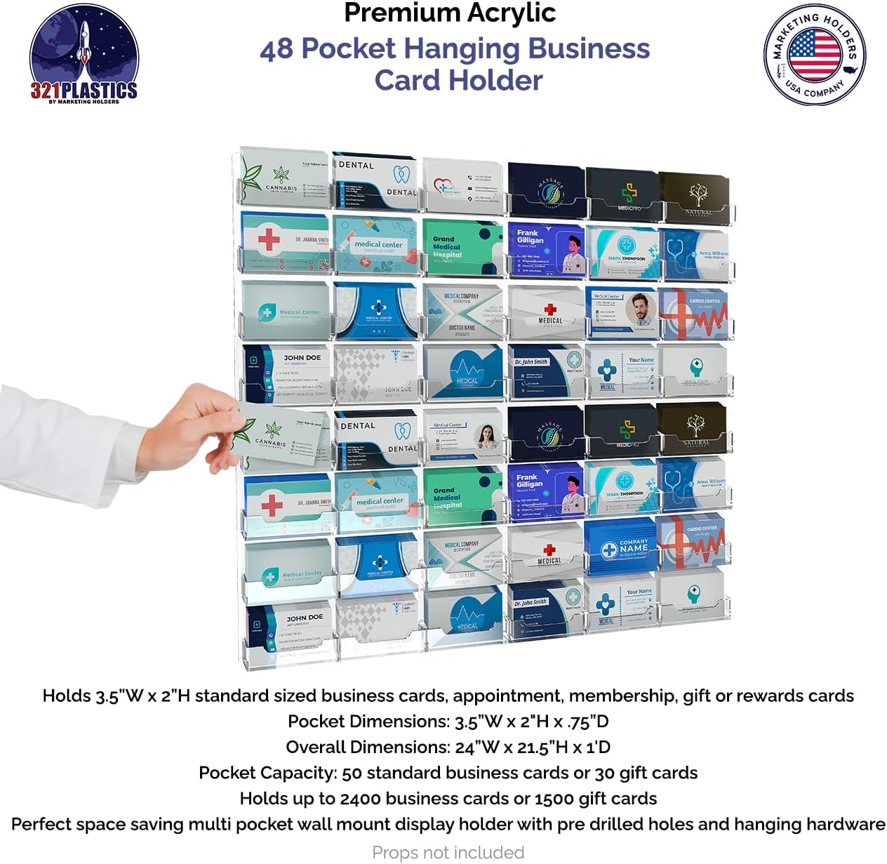 Marketing Holders Wall Business Card Holder with Hanging Hardware for 3.5" x 2" Contact or Appointment Cards Schools Bookstores Travel Centers Laundromats 48 Slot Clear Acrylic One Piece