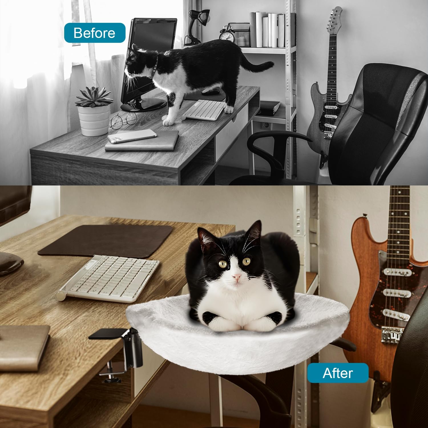 Cat Bed for Desk – Under-Table Cat Hammock with 2 Replacement Beds, Removable Zipper Faux Fur Covers, Easy to Install, Supports Up to 50lbs