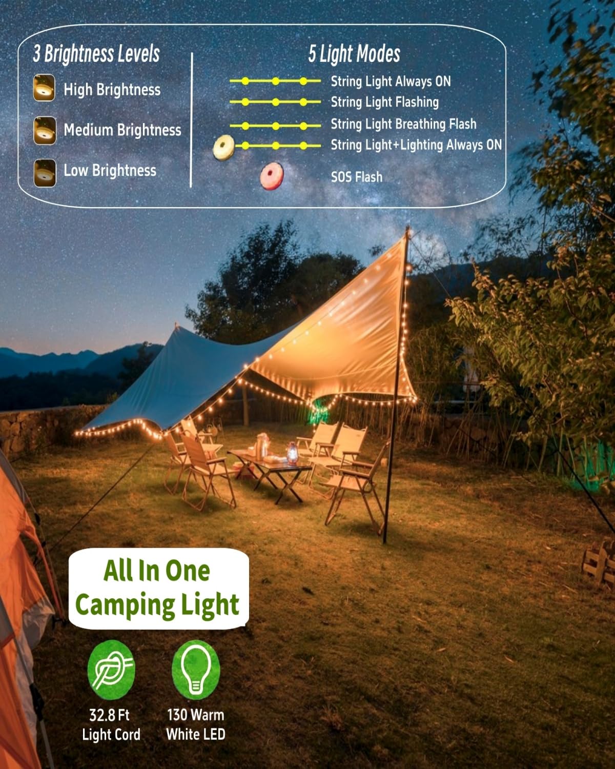 Solar-Camping-Lichterkette, 130 LEDs, 4-in-1 tragbare wasserdichte Camping-Lampe mit 8 Modi, hängende wiederaufladbare Zeltlaterne für Markise, Garten, Hof, Party, Weihnachtsdekorationen