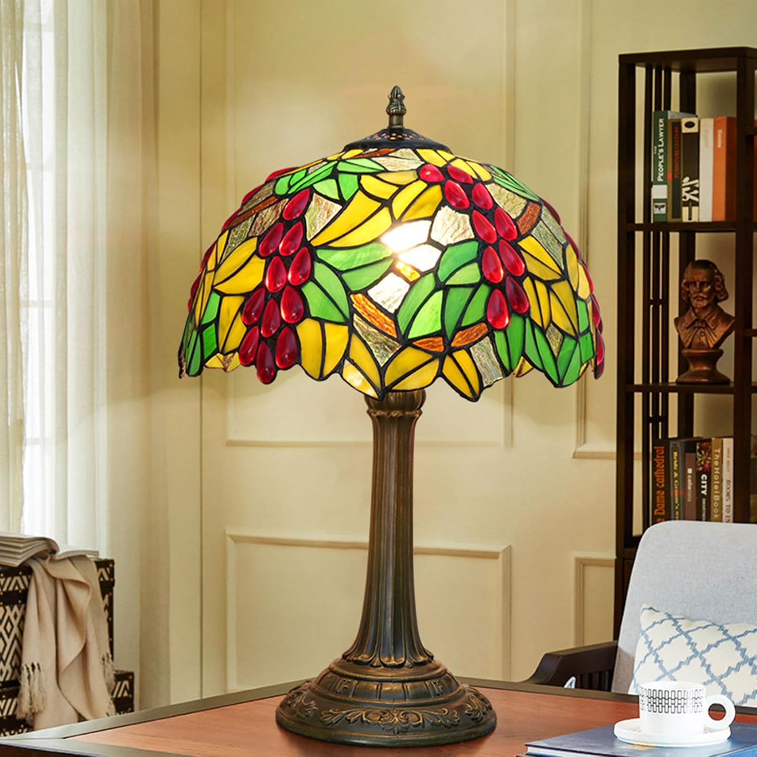 Tiffany Lamp Shade 12" Wide Accessories Replacement Only Grape Stained Glass Lampshades Vintage Red Glass Beads Green Leaves Light Cover for Table Lamp Pendant Light Desk Ceiling Fixtures,A