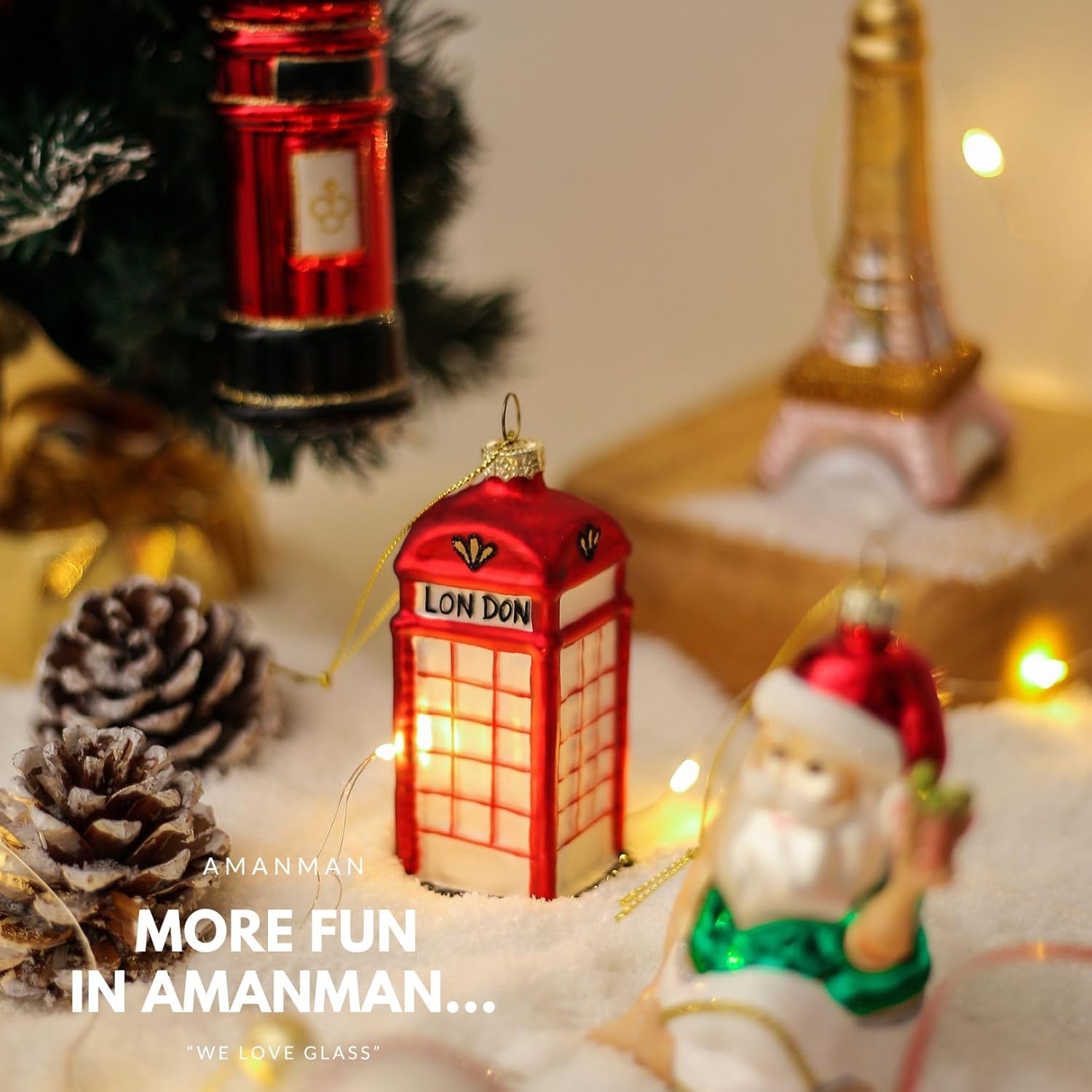 Glass Christmas Ornaments - 2Pack London Telephone Booth and Postbox Blown Glass Decorations for Tree - Image 5