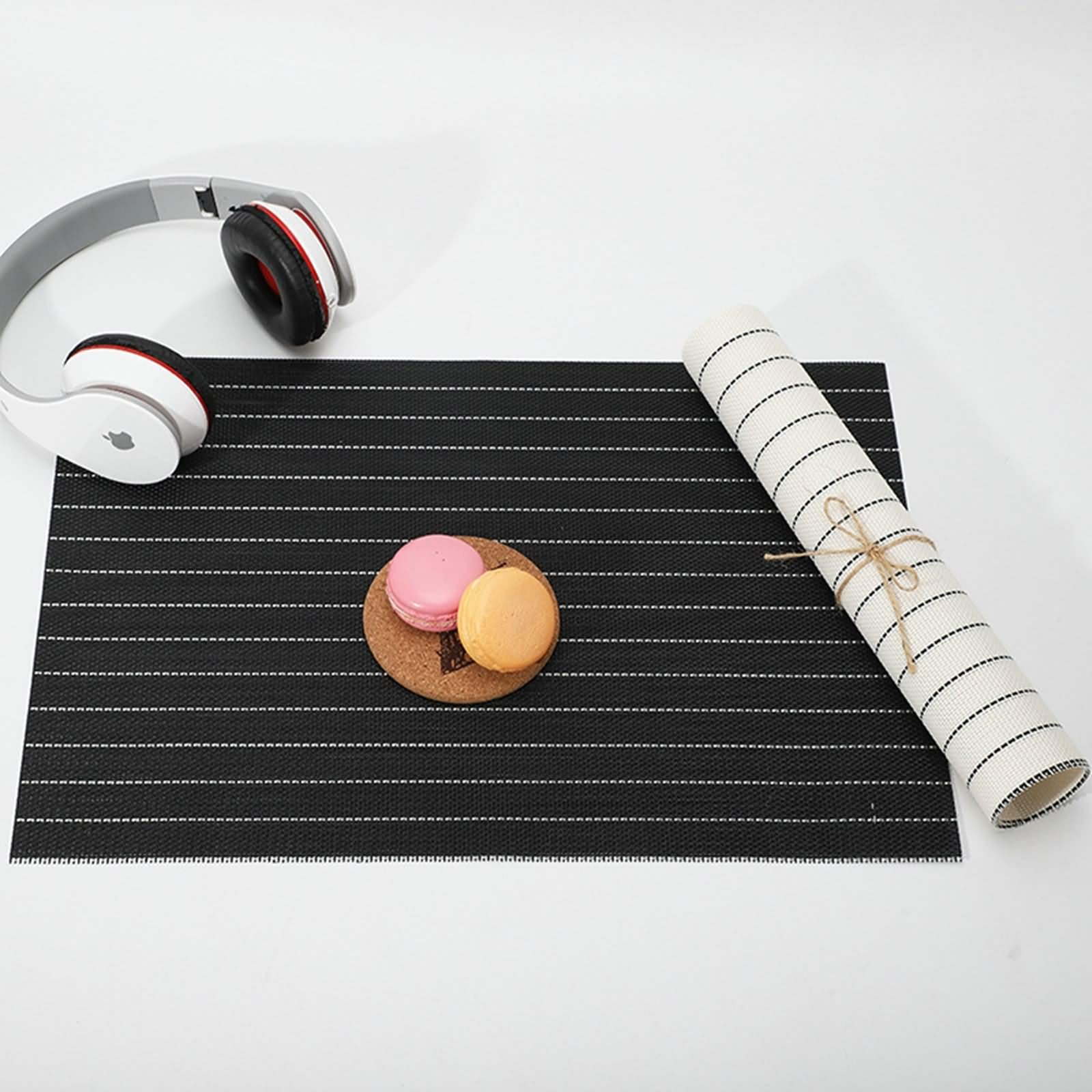 Tischsets Platzsets 10er Set, Tischmatte Esstisch Schwarz 45x30cm Rechteckig mit Streifenmuster PVC Pet