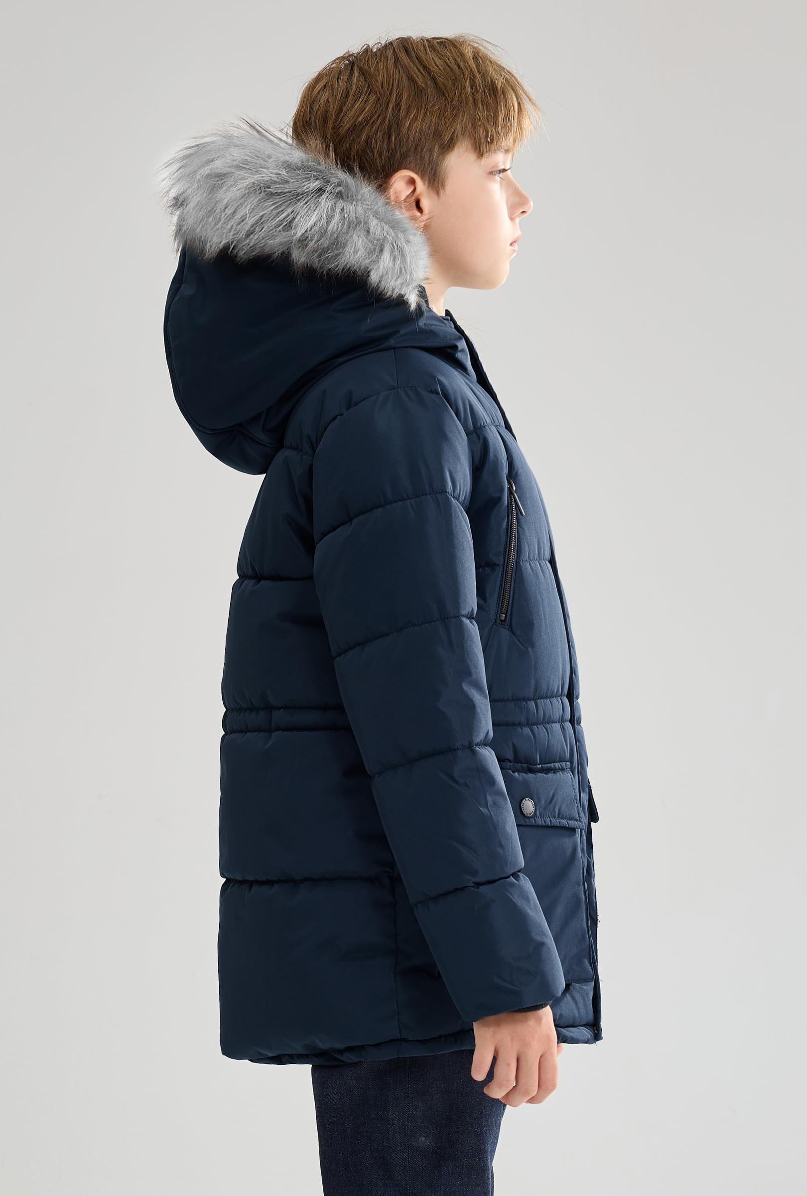 maoo garden Jungen geschwollener Wintermantel Große Kinder Schwergewicht Sherpa gefüttertes Fell Kapuzen-Outdoorjacke Wasserabweisender Schneeparka
